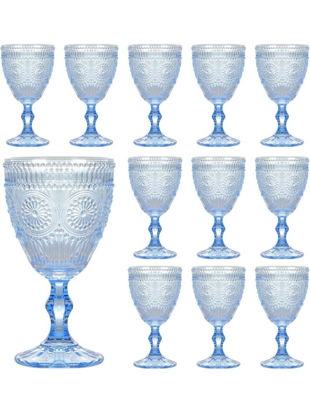 Set of 12 Vintage Light Blue Glass Goblets, 10 oz Elegant Drinkware for Parties